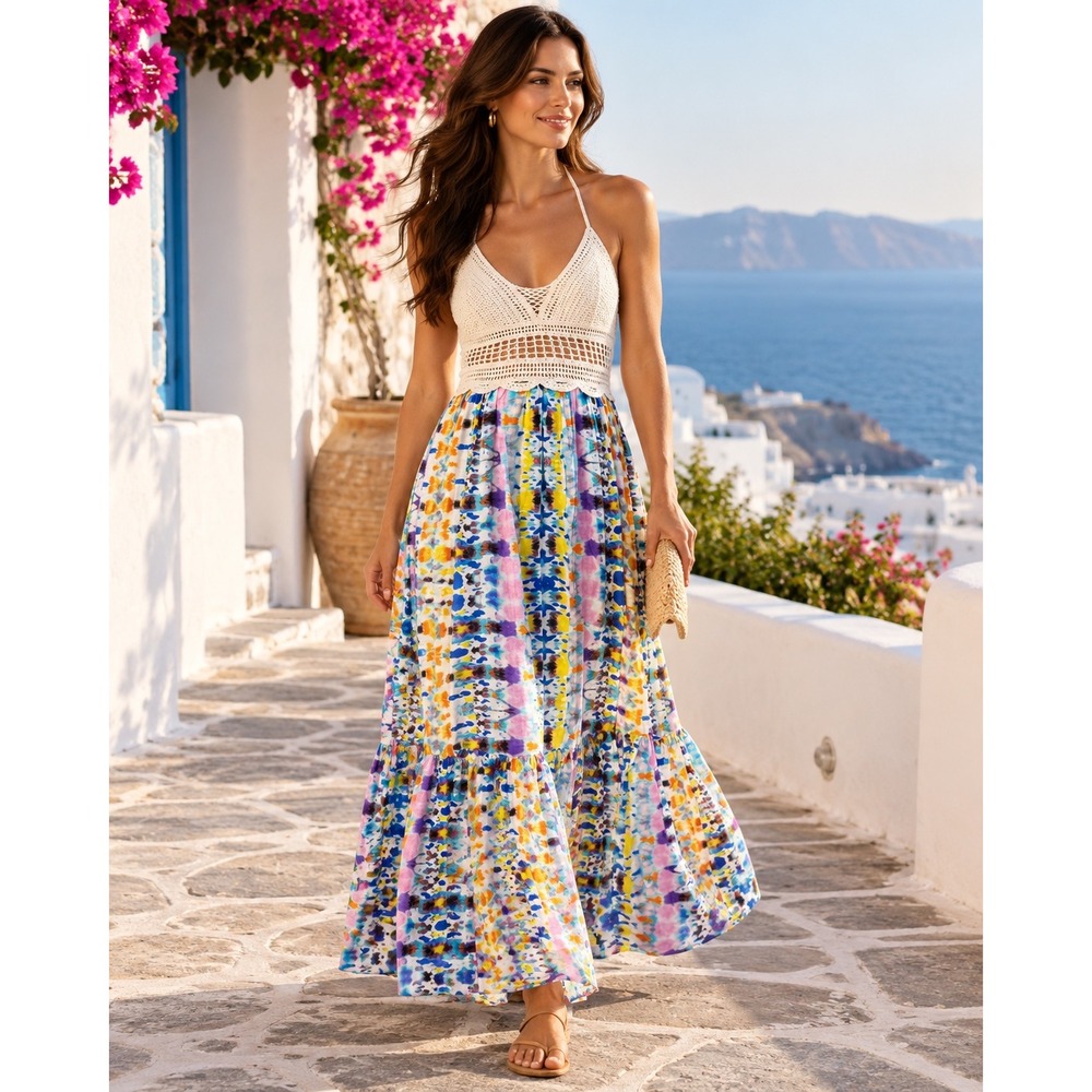AQUA Crochet Halter Open Back Printed Maxi Dress Medium Resort Boho Vacation